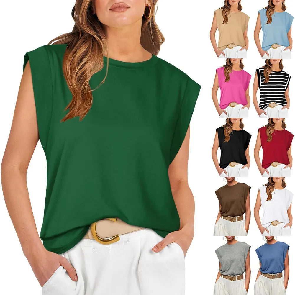 💖 Solid Color/Striped Top with a Crew Neck and Cap Sleeves