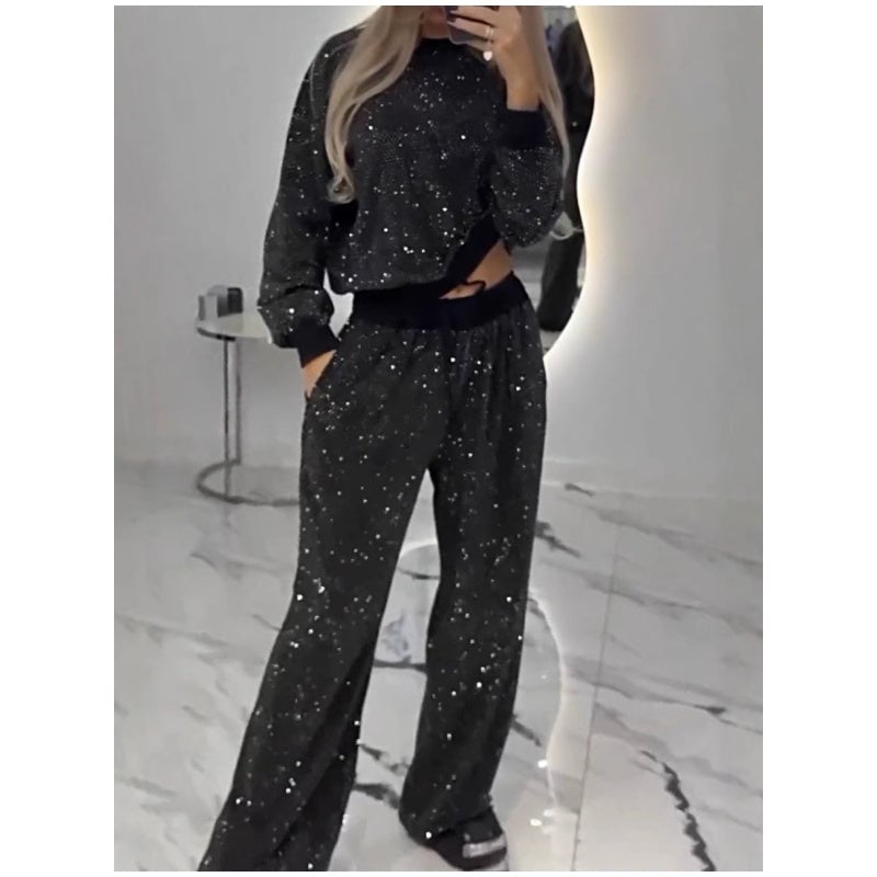 Sequined Loose Fit Top and Wide Leg Pants (2-Piece Set)