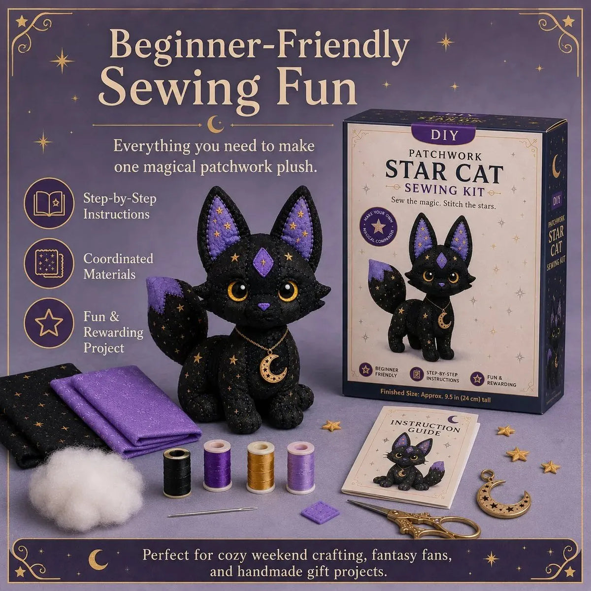 🔥HOT SALE🔥🔥49% OFF - 🐱Mystic Patchwork Animal Sewing Kit – DIY Plush Craft Kit with Starry Fabric, Moon Charm