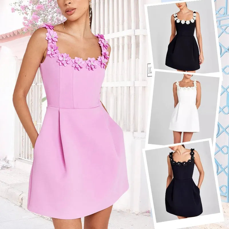 Cindy Faux Pearl Flower Applique Square Neck Pocketed Mini Dress