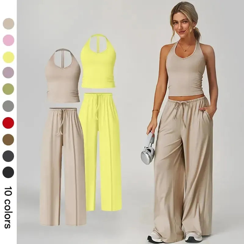 đHot 50% OFF⨠Womenâs 2-Piece Silk-Like Lounge Set â V-Neck Strappy Top & Wide Leg Pants