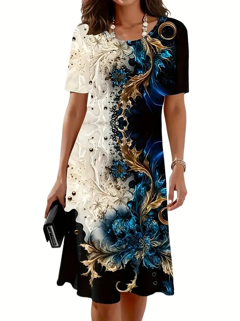 Summer Floral Print A-line Dress for Women with Short Sleeves and Round Neck