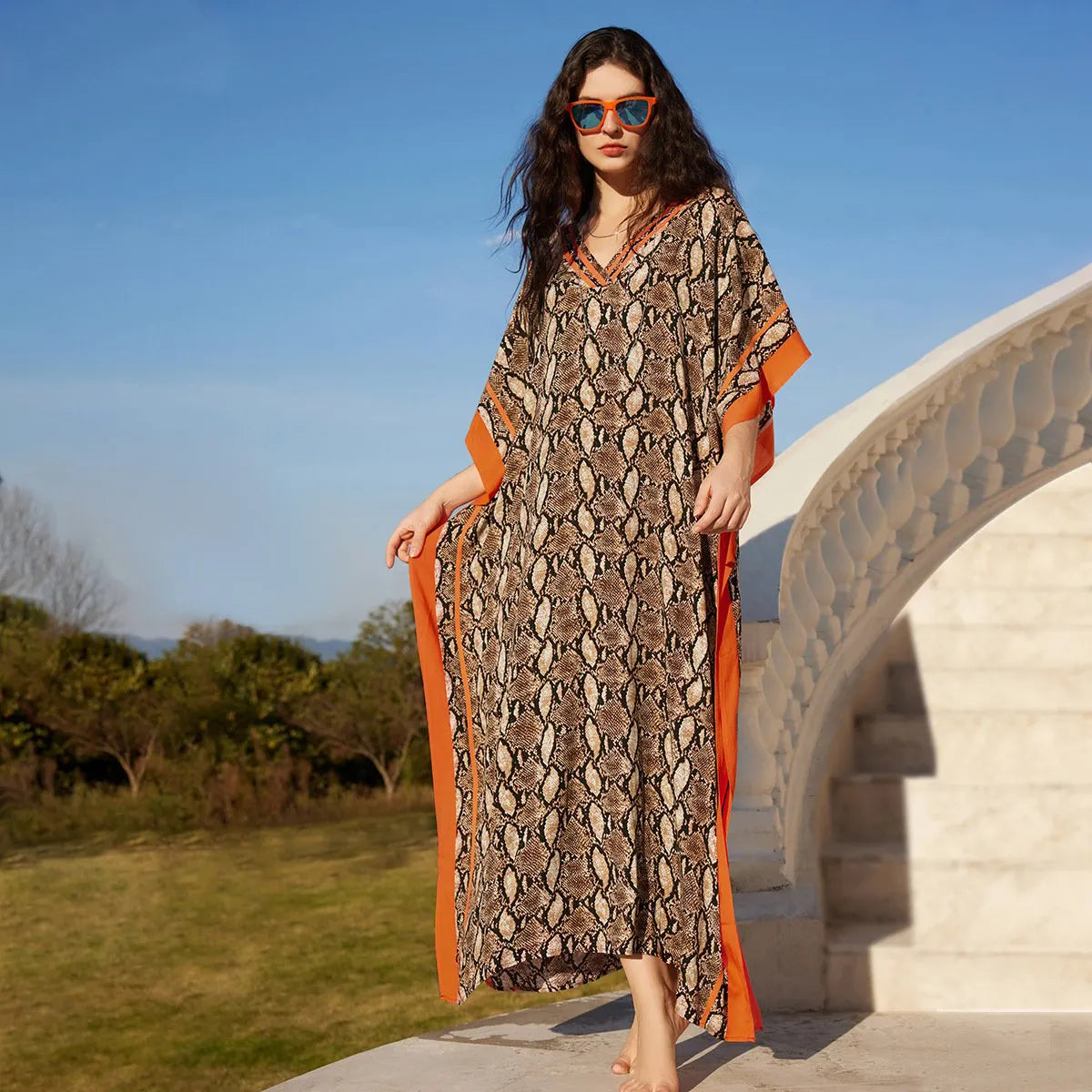 Women's Contrast Trim Leopard Print Batwing Sleeve Dress