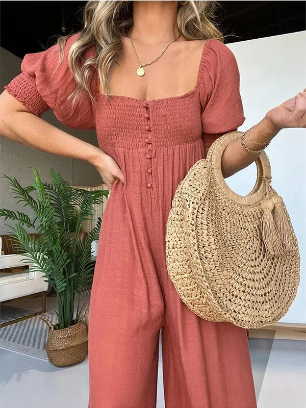 New Square Neckline Jumpsuit with Smocked Bodice Button (Buy 2 Free Shipping)