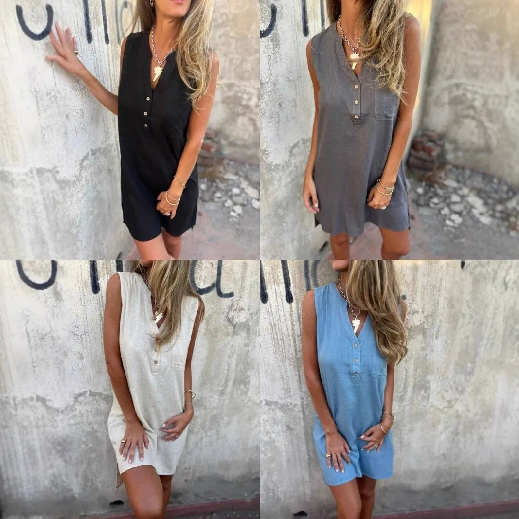 🔥NEW HOT SALE🔥Women's Sleeveless Button Pocket V-Neck Dress