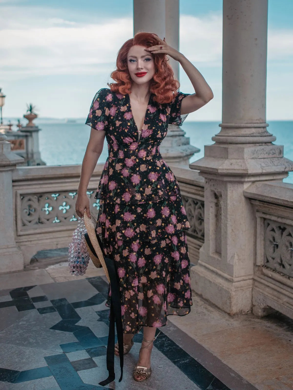 Women's Black Lace Flowers Swing Dress