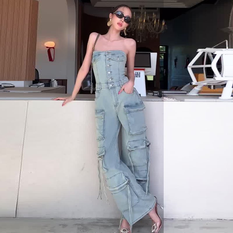 Women's Slightly Elastic Tube Top Multi-pocket Workwear Denim Jumpsuit