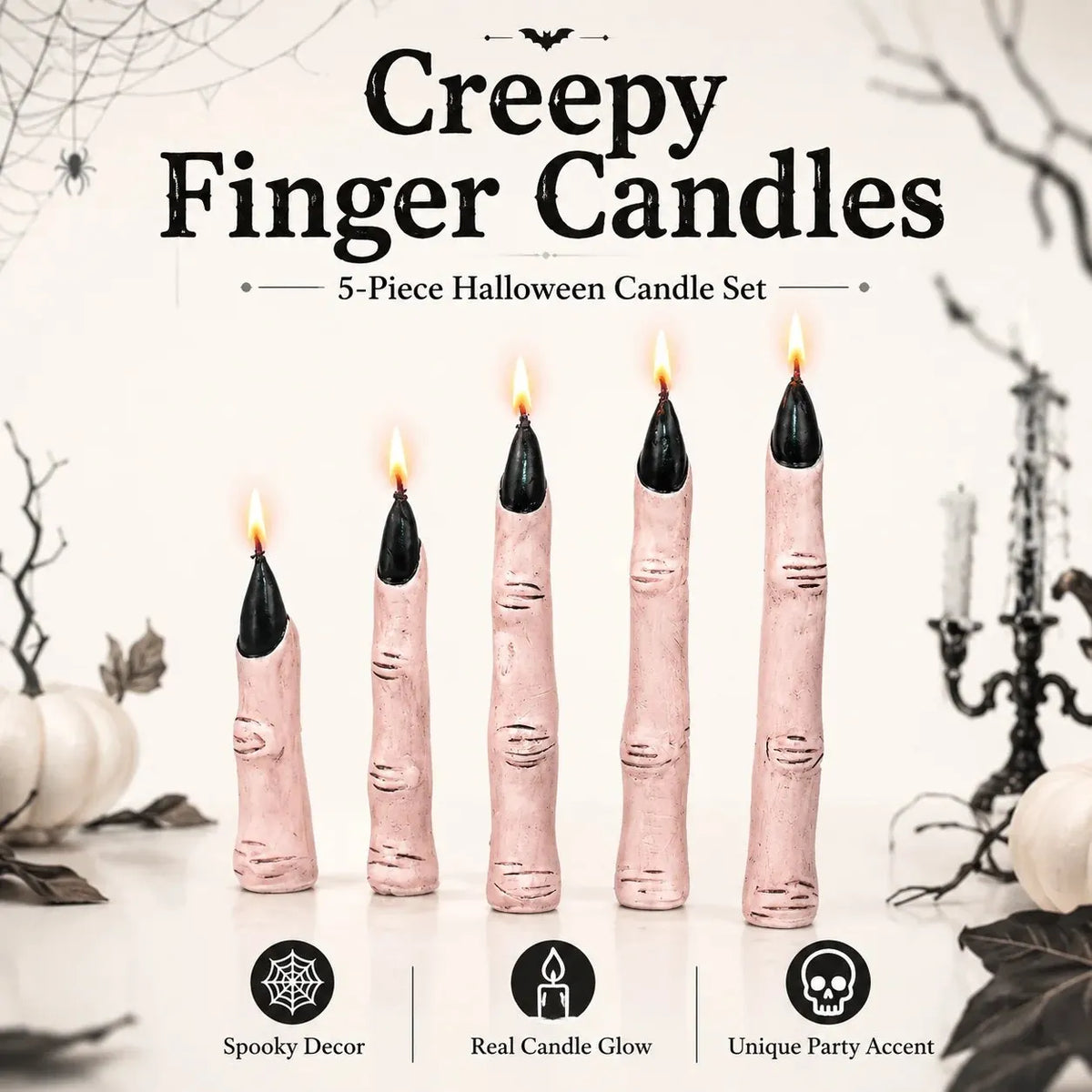 🔥HOT SALE🔥🕯️ Creepy Finger Candles 5-Piece Set – Halloween Table Decor & Spooky Party Accent 🎃