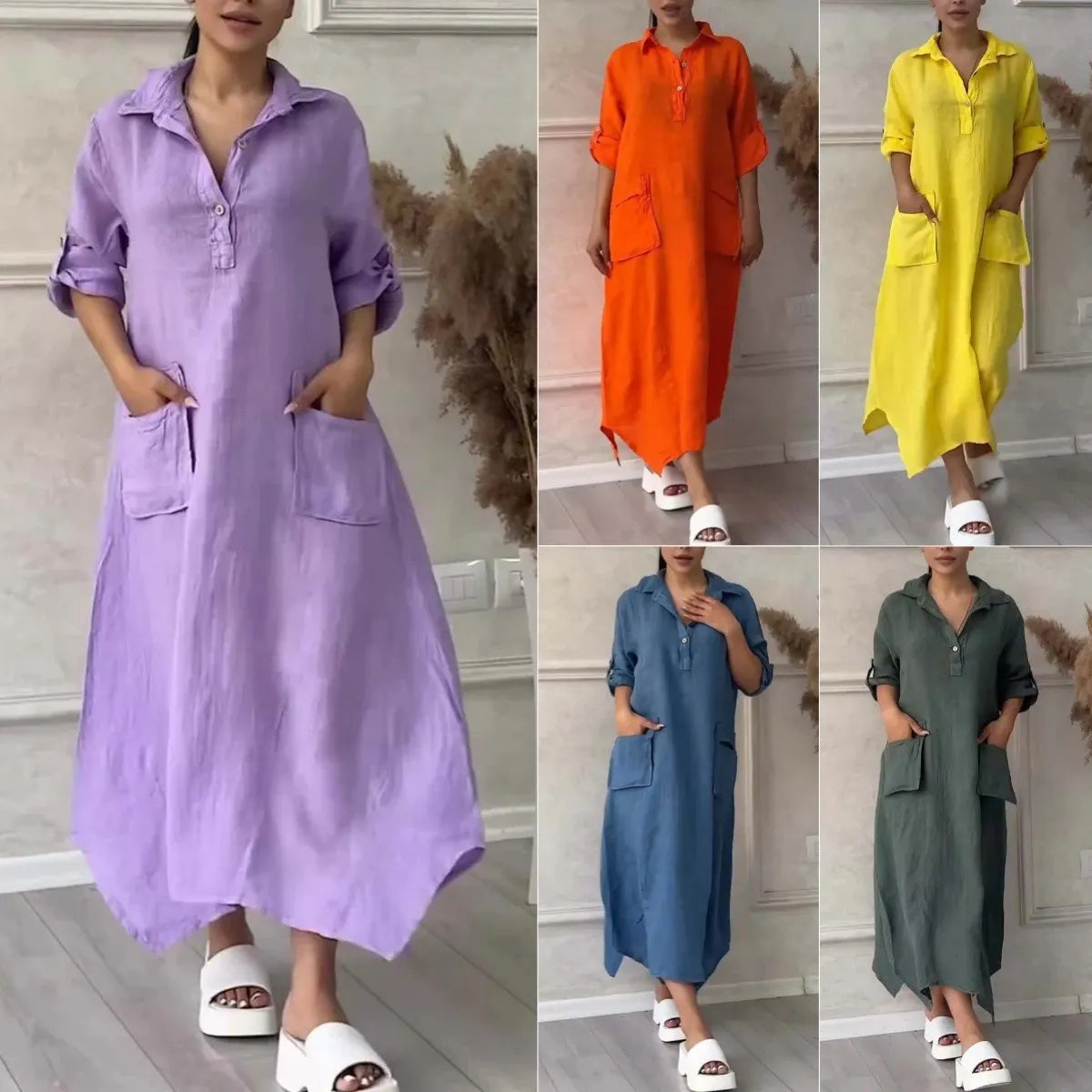 Women's Cotton Linen Casual Lapel Pockets Long Dress (Buy 2 Free Shipping)