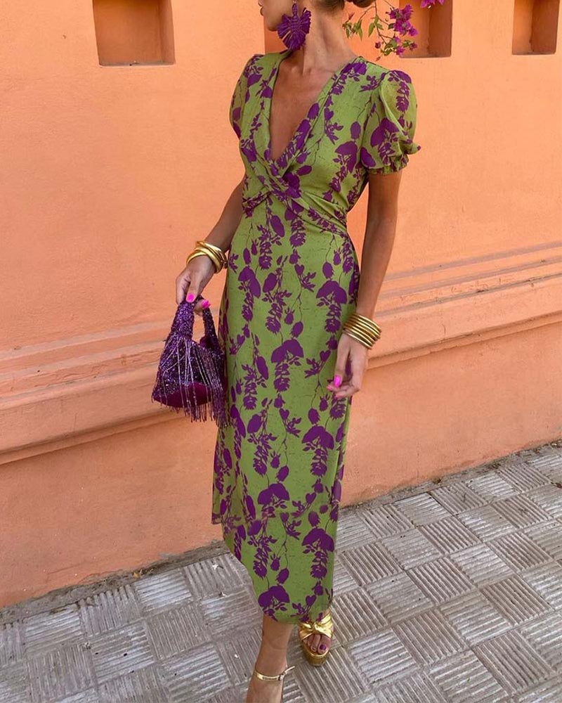 Elegant leaf print deep V puff sleeve A-line dress (Buy 2 Free Shipping)