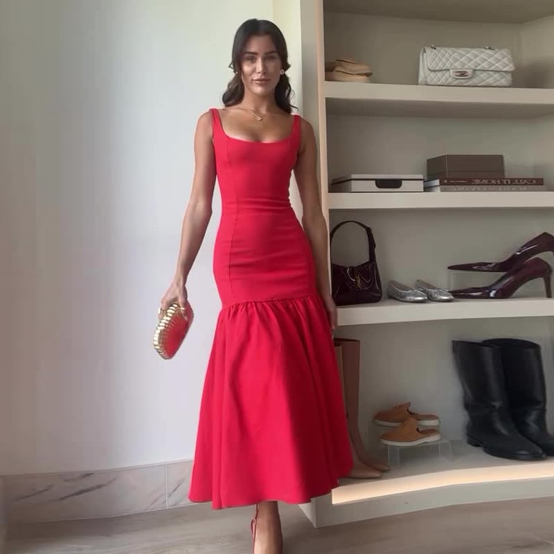 Graceful Silhouette Square Neck Wide Strap Drop Waist Midi Dress