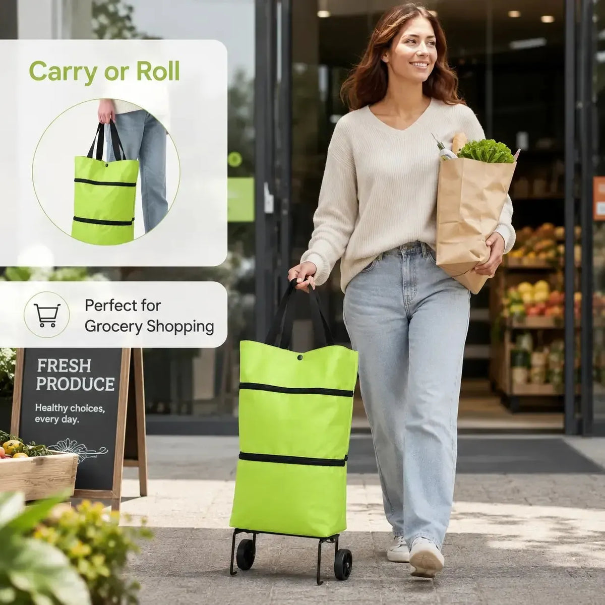 🛒Foldable Shopping Trolley Bag with Wheels, Portable Reusable Grocery Tote