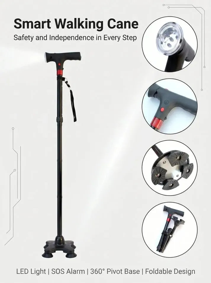 🎉🔥 Must-Have Senior Smart Cane – Foldable Aluminum with LED Light & Quad Anti-Slip Feet