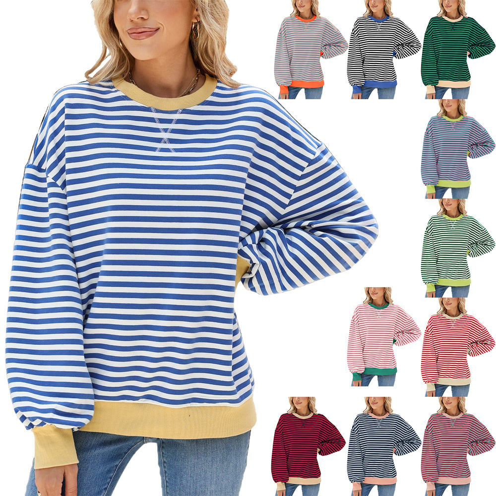 Women Striped Oversized Pullover Top Long Sleeve Shirt (Buy 2 Free Shipping)