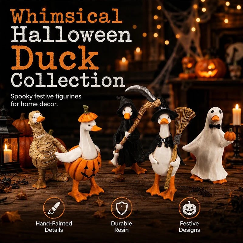 🔥 HOT SALE 🔥🎃BORING HALLOWEEN DECOR?🎃 Spooky Duck Set – Hand-Painted, 5 Characters, Weather-Resistant – For Shelves, Desks & Outdoors! 🦇