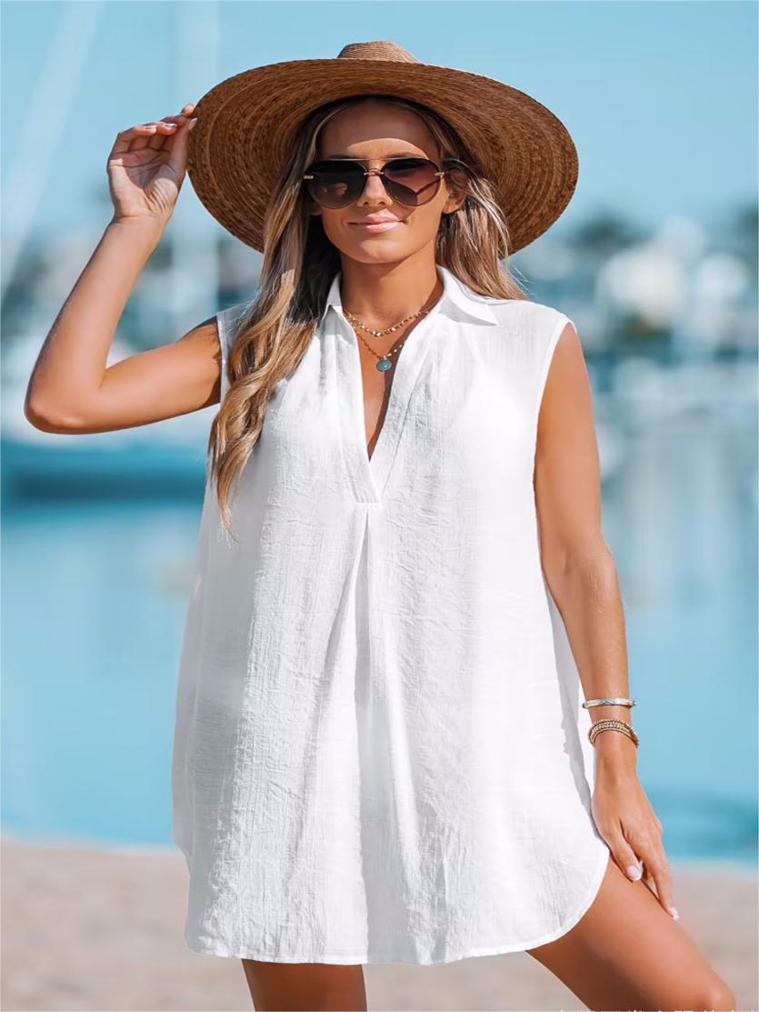 Women's Summer Beach Sleeveless Lapel Pleated Top (Buy 2 Free Shipping)