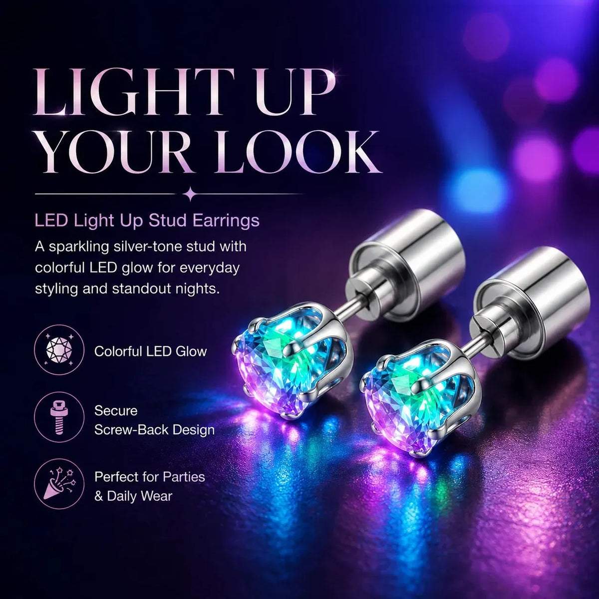 🔥 HOT SALE 🔥LED Light Up Crystal Stud Earrings – Colorful Glow, Unisex Party Style