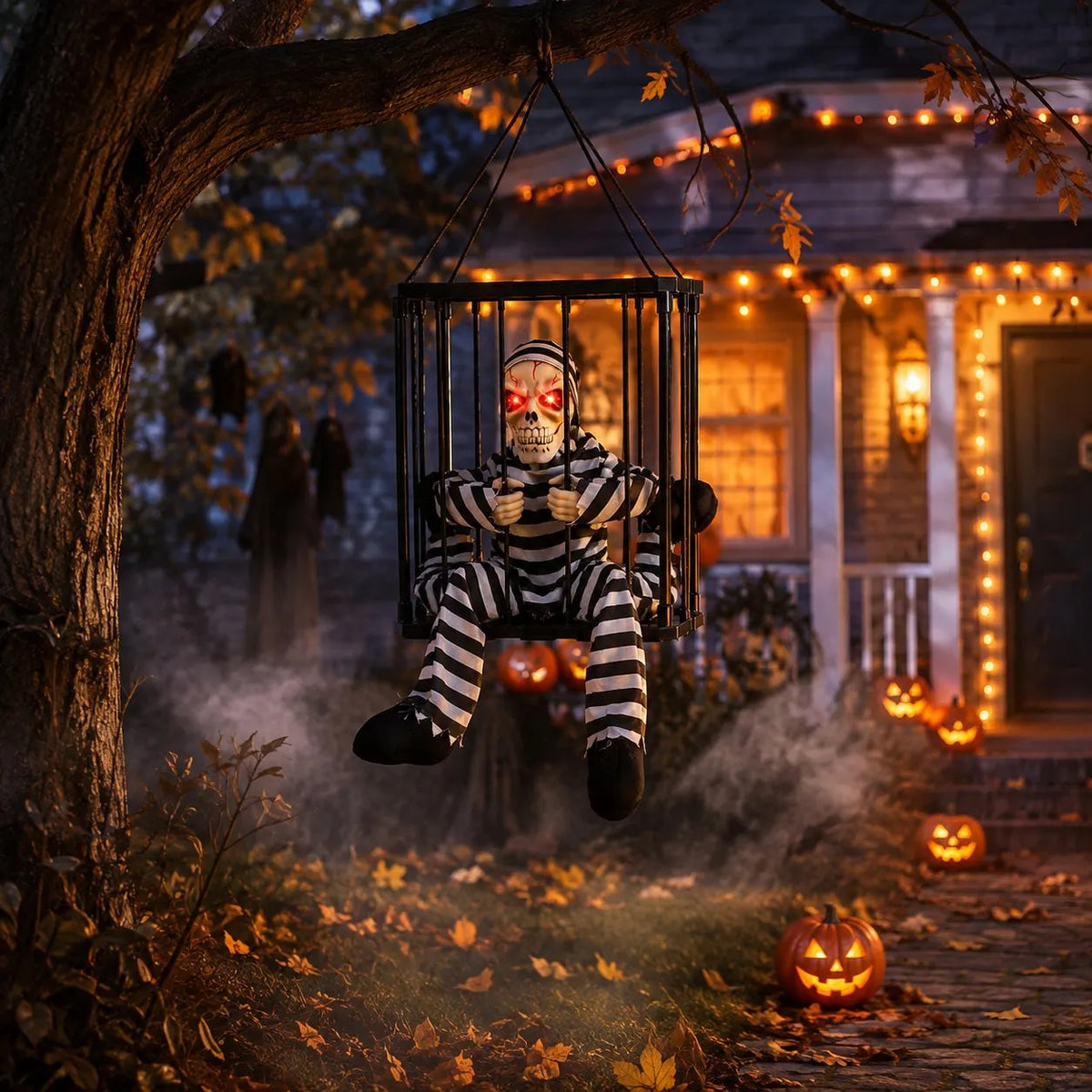 🎉 💀 Motion Activated Prisoner Skeleton Halloween Prop – Screaming Jump Scare Decoration With Flashing Red Eyes