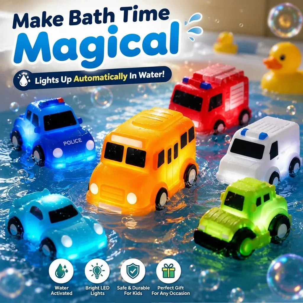 🎉🚗 6PCS Water-Activated Light-Up Bath Toy Cars – Traffic & Construction Vehicles for Kids