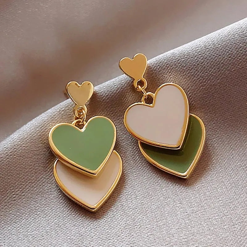 White and Green Heart Drop Earrings