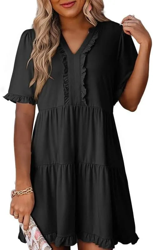 V Neck Short Sleeve Casual A Line Flowy Swing Shift Dress