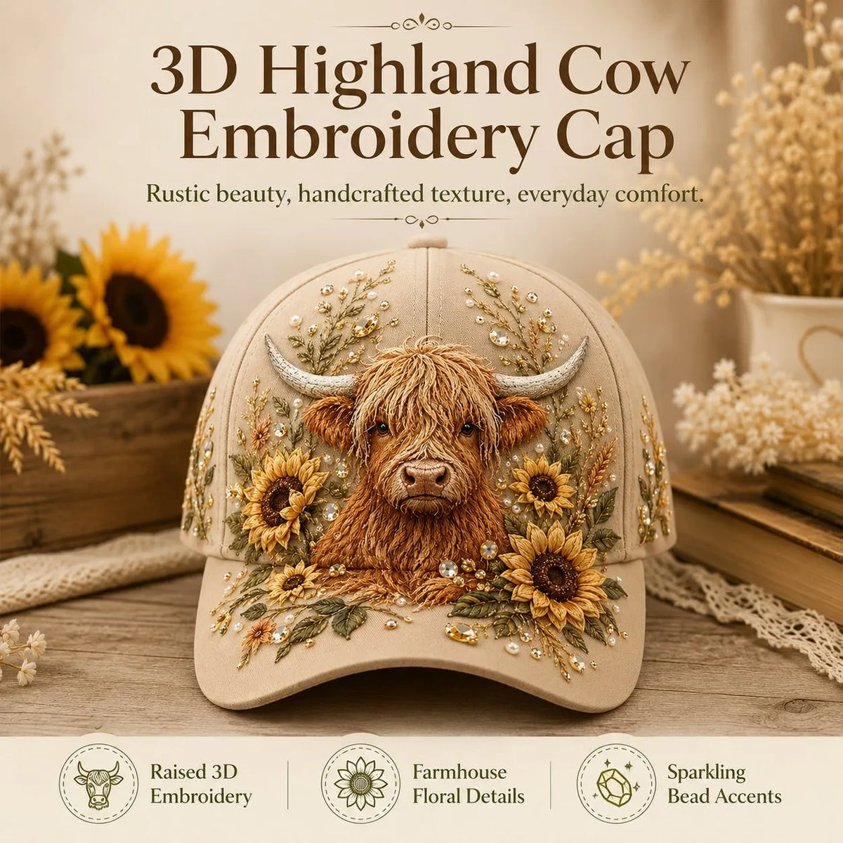 🔥LAST DAY 49% OFF - 🦬3D Highland Cow Embroidery Cap🧢
