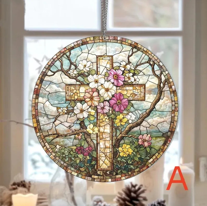 🔥Last Day 50% Off--Cross And Wild Flower Suncatcher Ornament