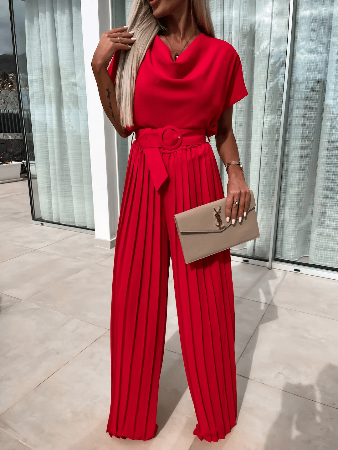 Casual Waistband Solid Color Pleated Wide Leg Jumpsuit