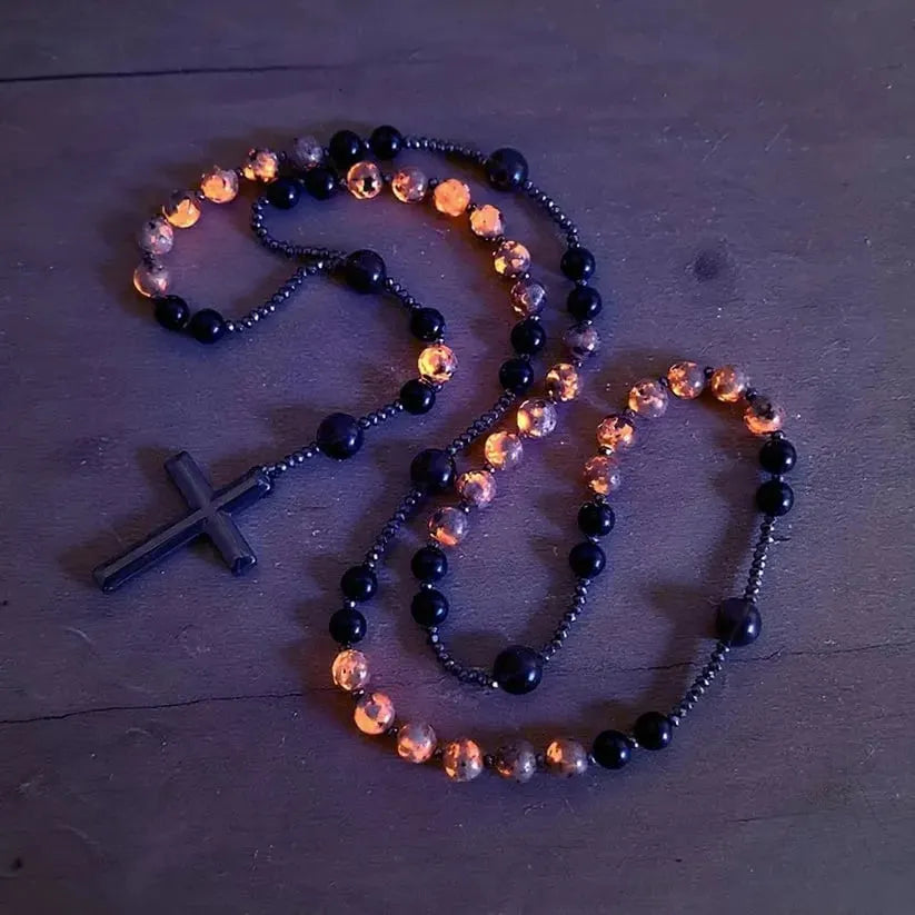 🔥 HOT SALE 🔥Natural Obsidian Yooperlite Rosary Necklace, UV Reactive Energy Protection Healing Crystal
