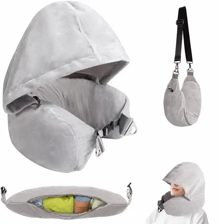 🛫 Hooded Stuffable Travel Pillow for Airplanes – Soft Velvet Neck Pillow with Travel Storage Compartment