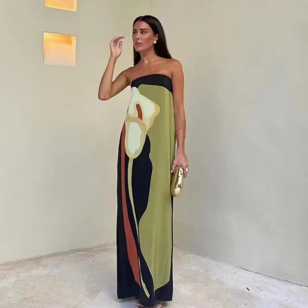 Abstract Floral Print Elasticated Off Shoulder Vacation Loose Maxi Dress