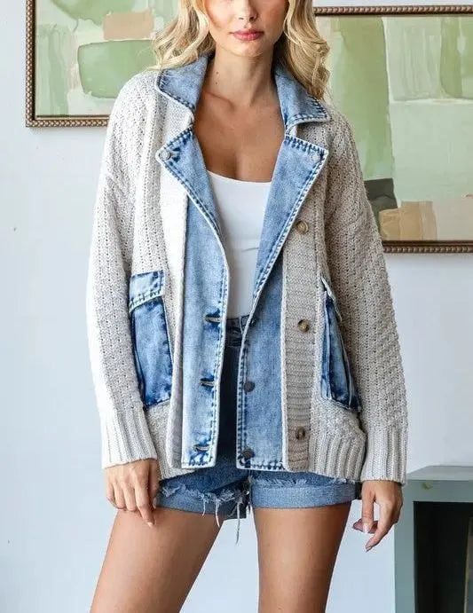 Denim Patchwork Knit Cardigan with Pockets
