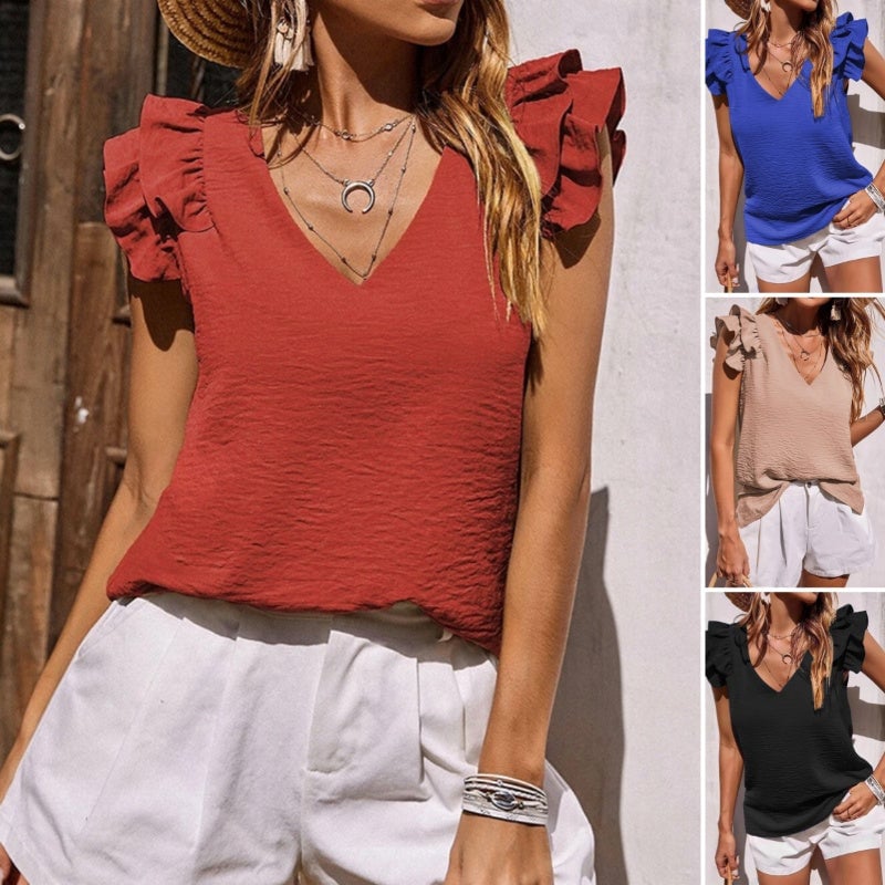 V-neck ruffled sleeveless stretch shirt
