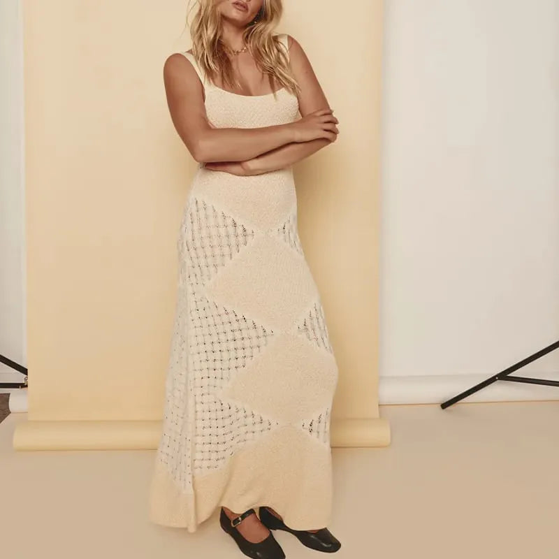 Knitted Sexy Backless Argyle Pattern Slim Fit Maxi Dress