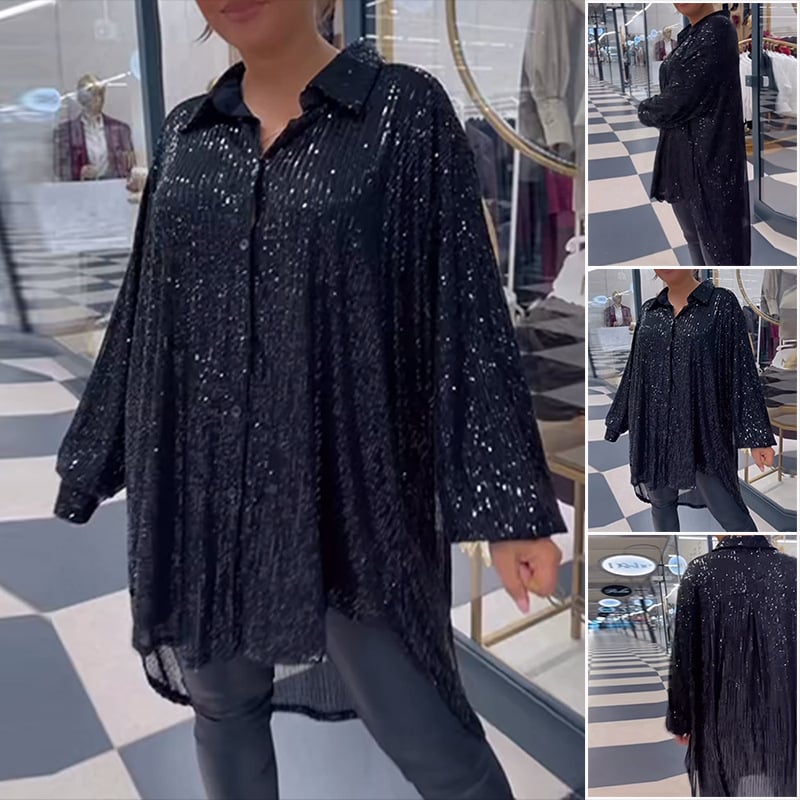 Sequined lapel asymmetrical casual shirt