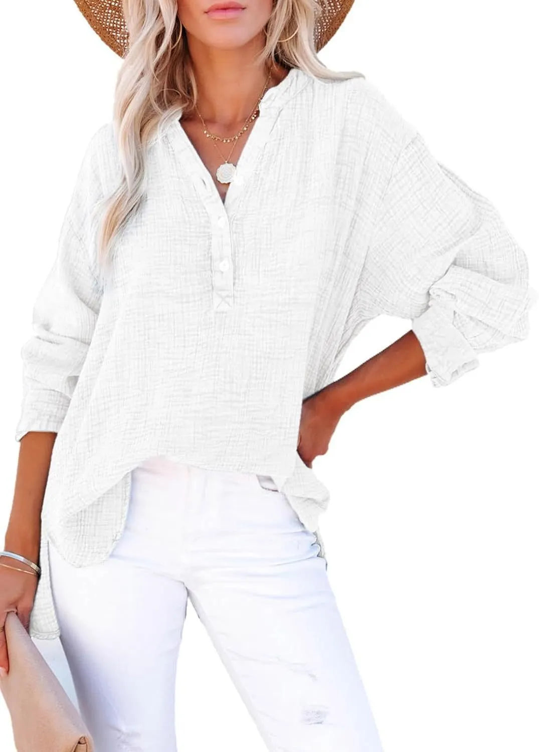Women's Casual Gauze Button Down Neck Long Sleeve Oversized Top
