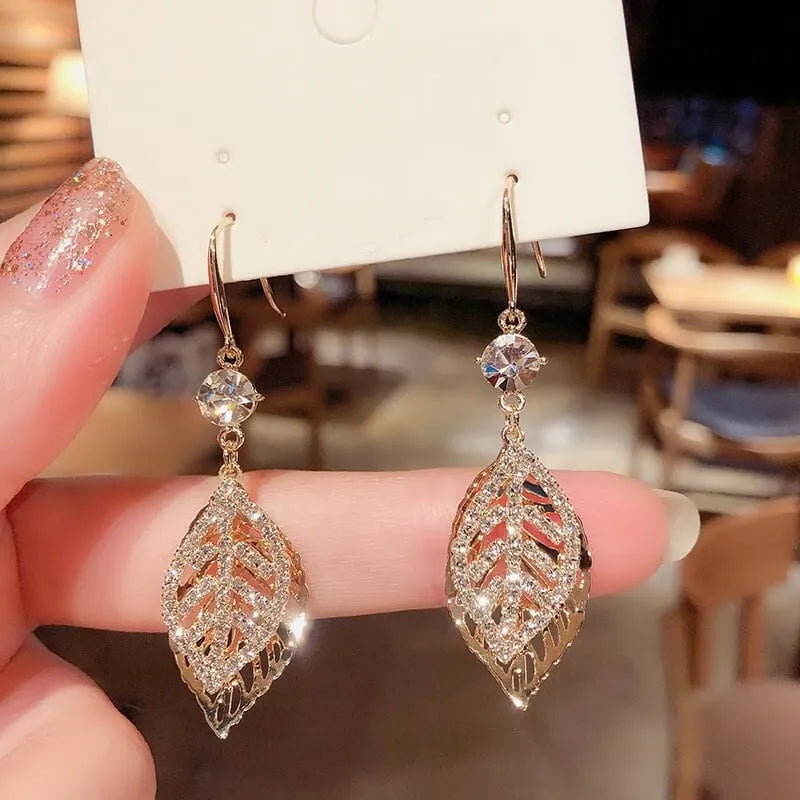 Korean Fashion Crystal Leaf Tassel Drop Earrings