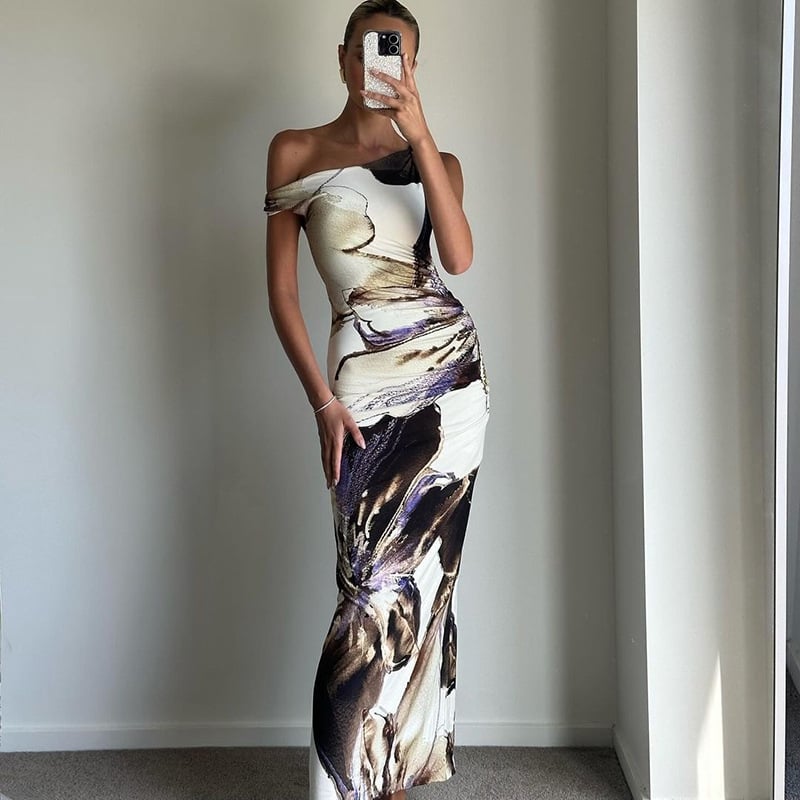 Elegant Off-Shoulder Slim Print Dress