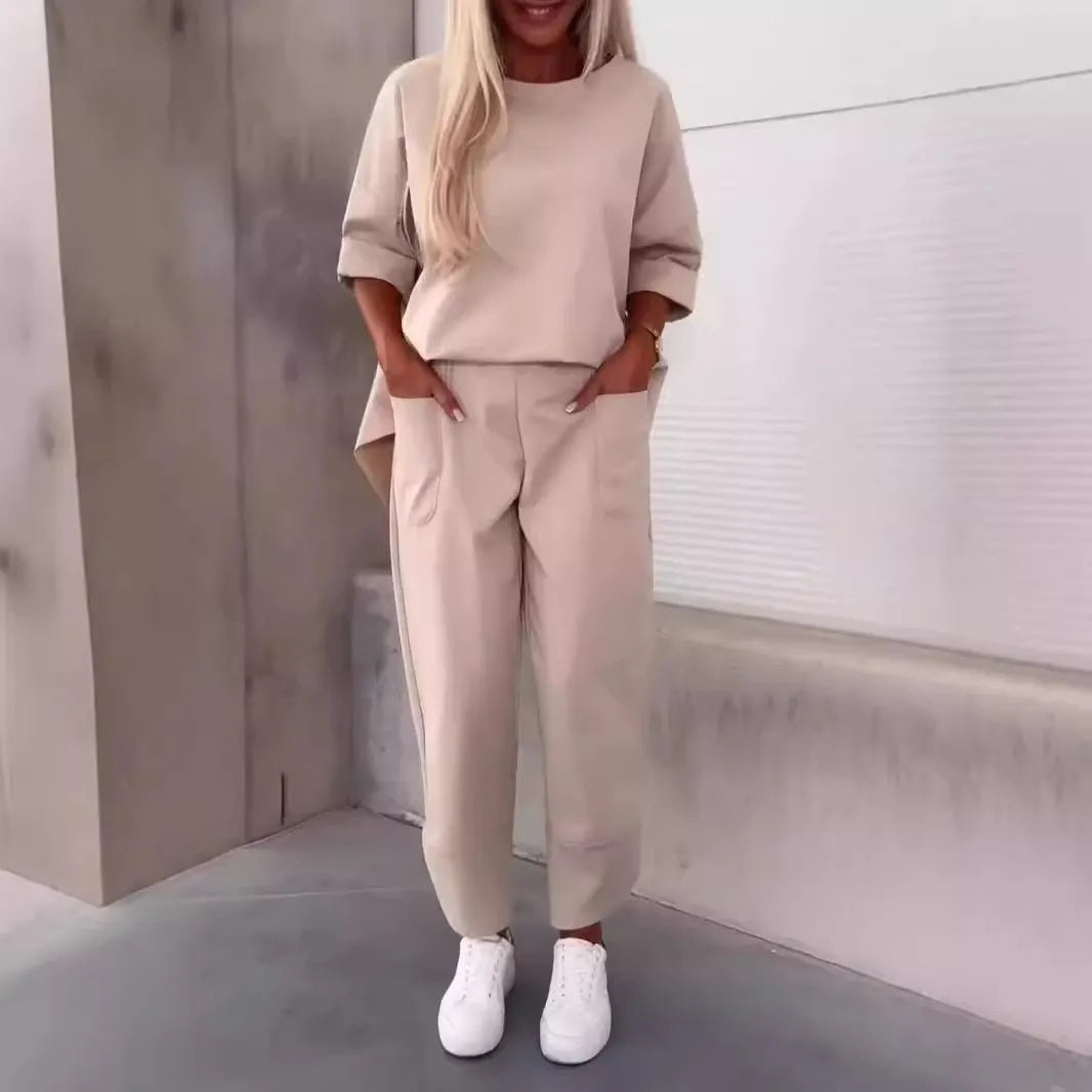 Solid Color Casual Top & Pants with Pockets Set