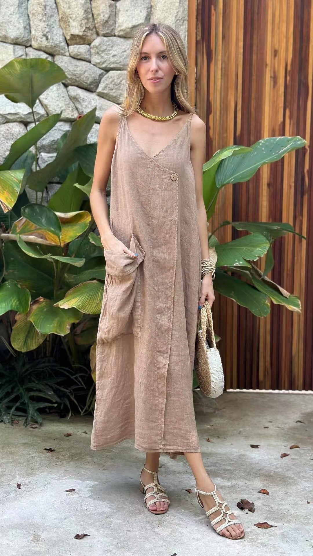 Fashionable Midi A-Line Dress with V-Neck and Large Pocket