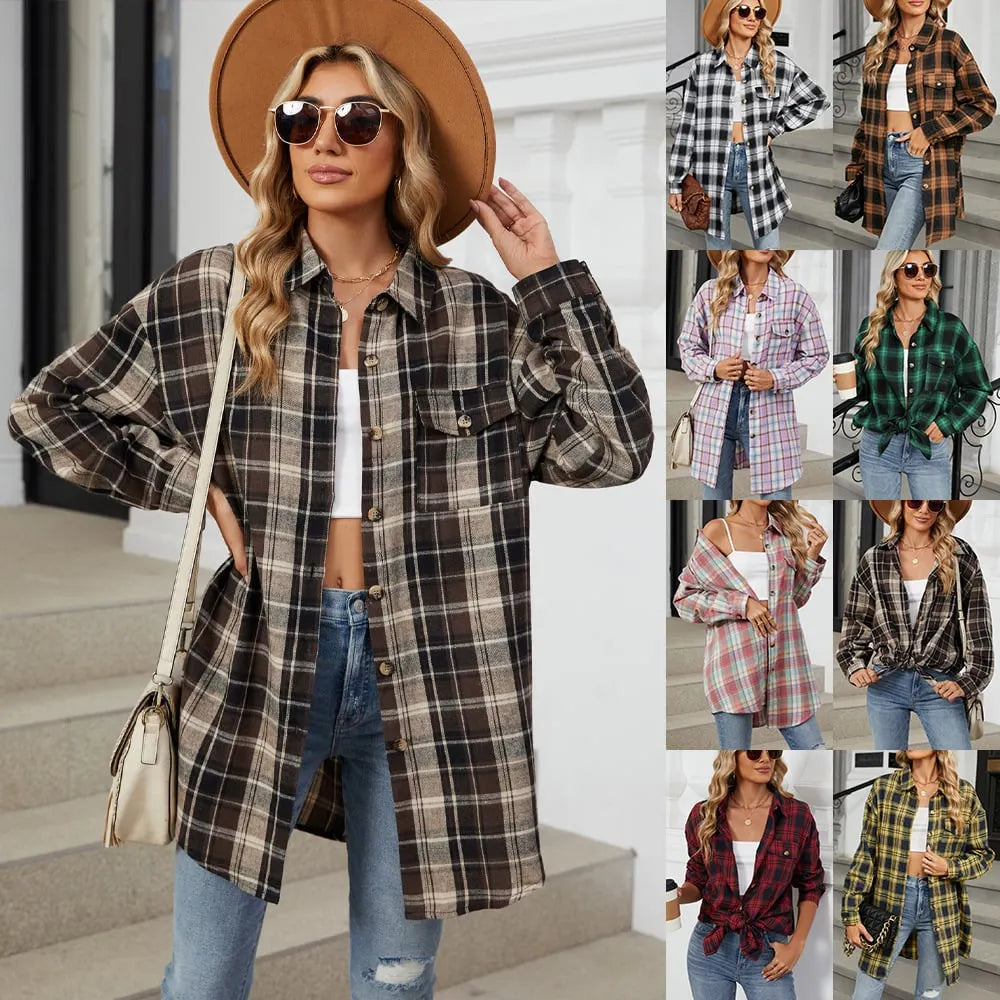 🔥Women's flannel plaid casual loose long-sleeved shirt