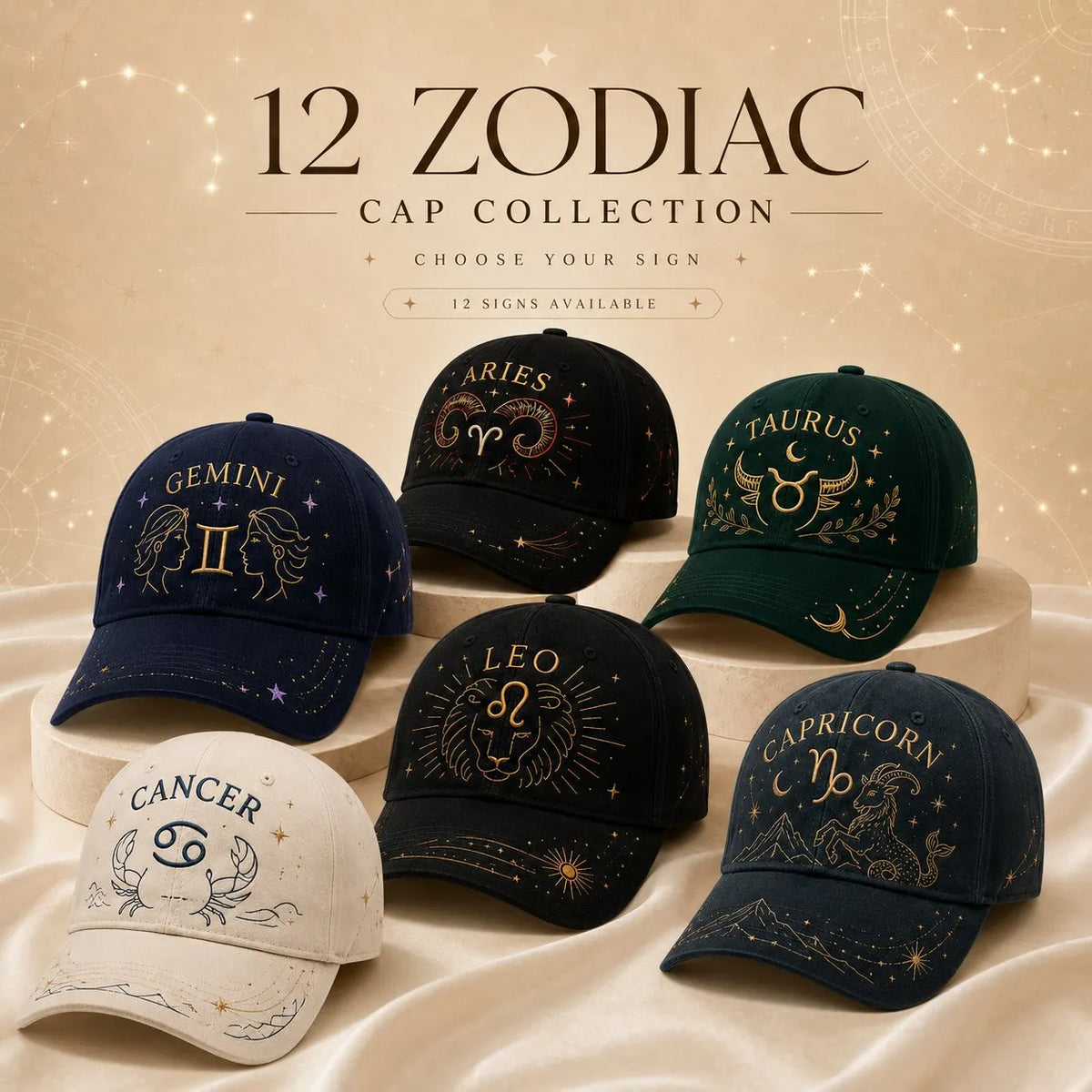 ♈♉♊12 Zodiac Signs Embroidered Cap Collection – Celestial Hats Made for Every Personality