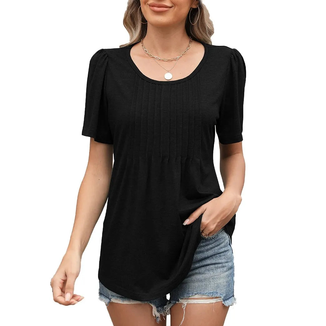 Summer Loose Pleated Round Neck Short Sleeve T-Shirt