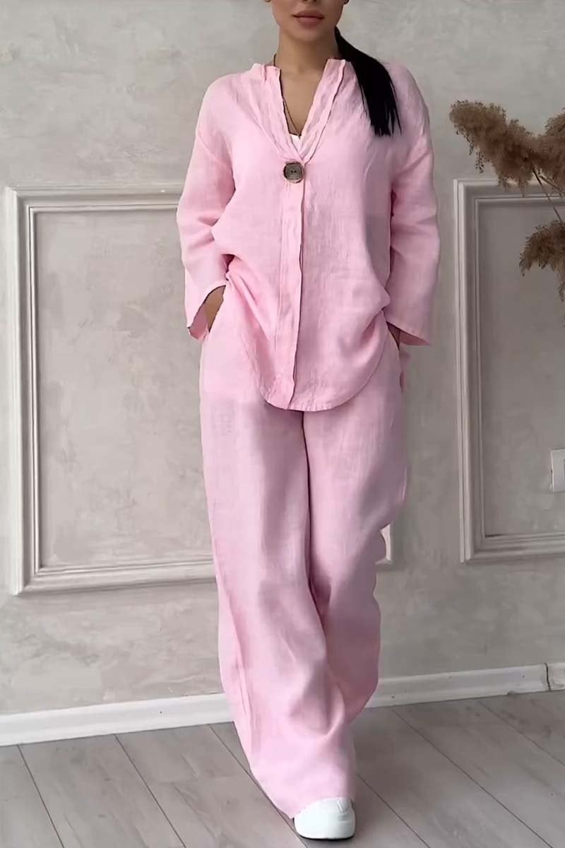 Casual button Decorated Cotton and Linen Two-Piece Set