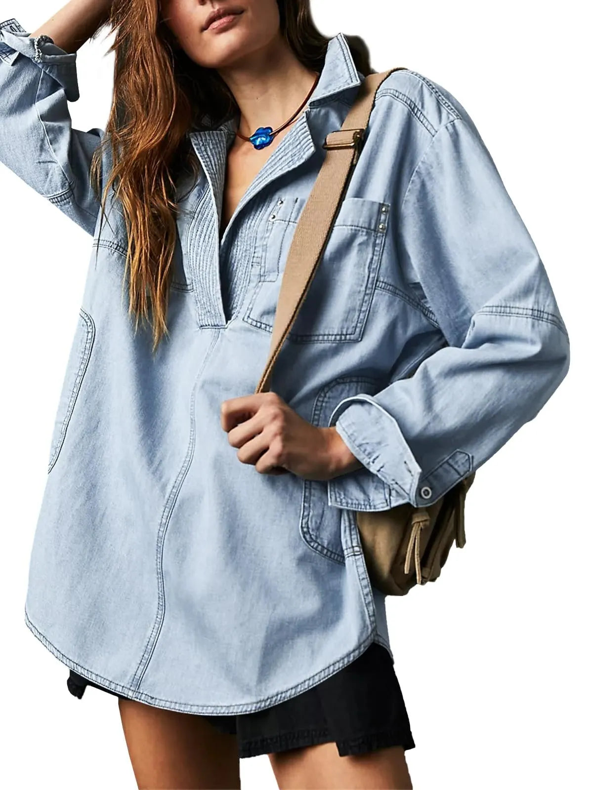 WOMEN'S V-NECK DENIM PULLOVER SHIRT (BUY 2 FREE SHIPPING)