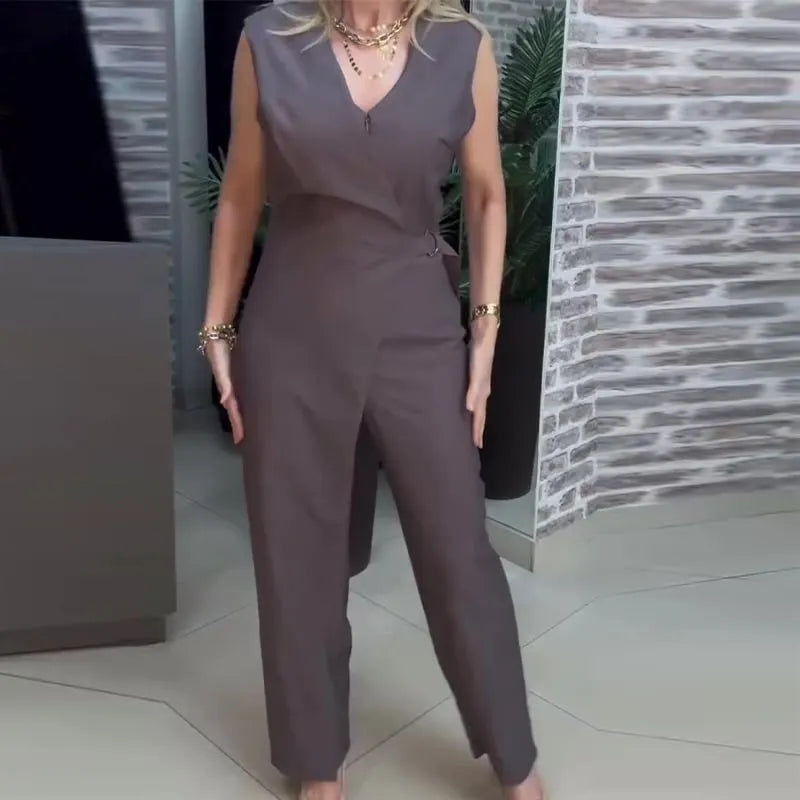 Fashionable V-Neck Cross-Wrap Solid Color Wide-Leg Jumpsuit