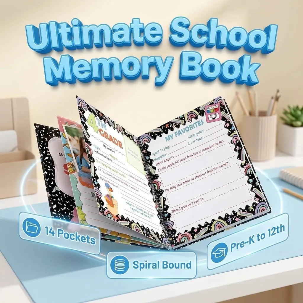 🔥HOT SALE🔥🏫School Memory Book & Keepsake Scrapbook (Preschool to 12th Grade) - 10"x12.24" Photo Album Portfolio with 14 Storage Pockets for Artworks, Report Cards & Certificates - Back to School & Graduation Gift for Kids