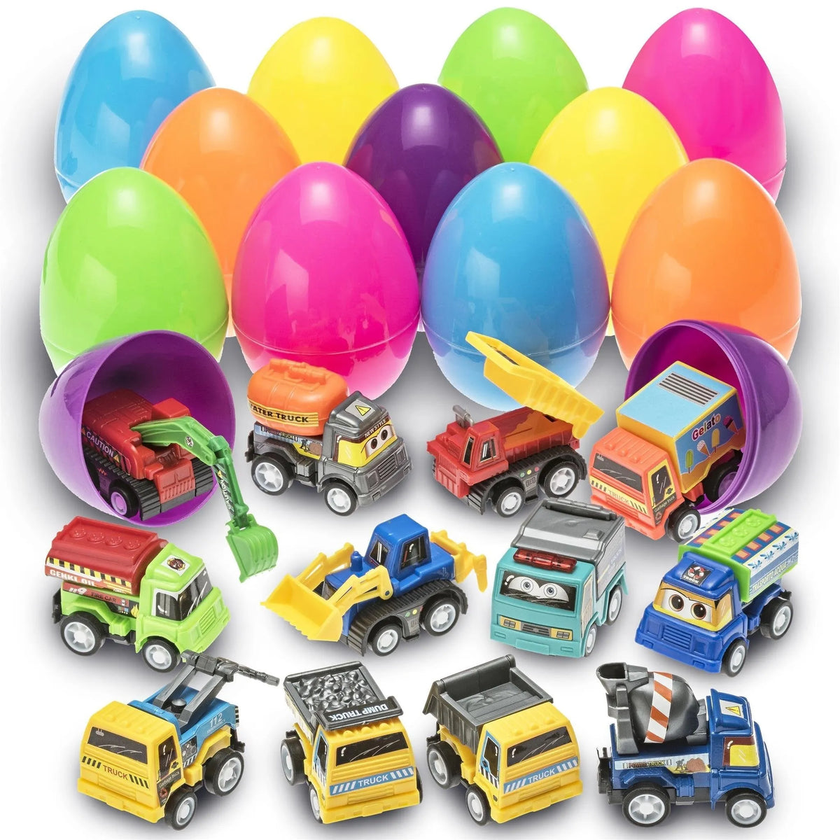 BUY 2 FREE SHIPPING -Easter Eggs Filled With Pull-Back Construction Vehicles, Cute Animals, Dinosaurs, Jewelry pieces and Bunnies