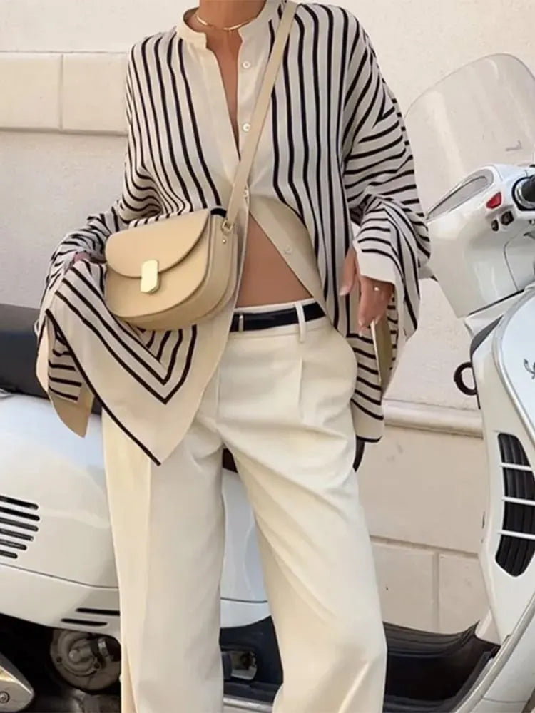 Elegant Pinstripe Shirt Single Breasted Round Neck Long Sleeve Top