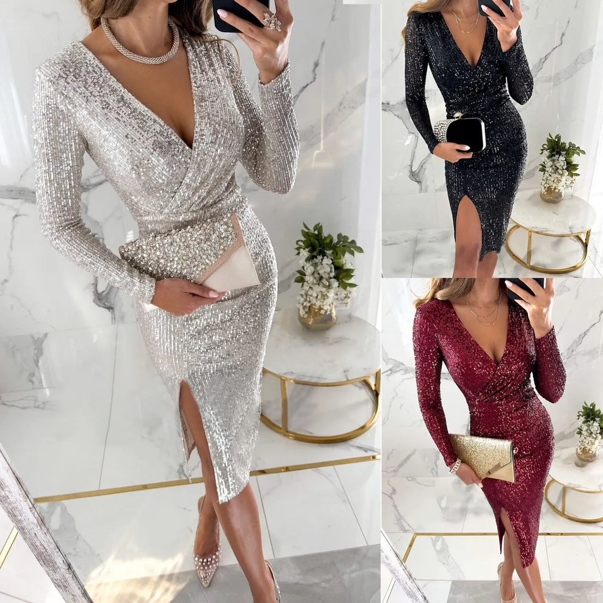 ✨Elegant Slim Sequin Dress with V-Neck